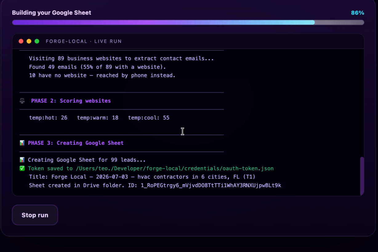 Forge Lead Agent live run dashboard showing email extraction, website scoring, and Google Sheet creation progress